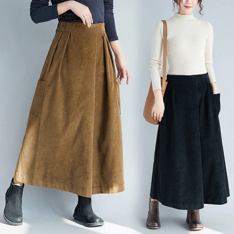 Buddha Stones Women's Plain Side Zipper Design Wide Leg Corduroy 7-8 Length Pants With Pockets