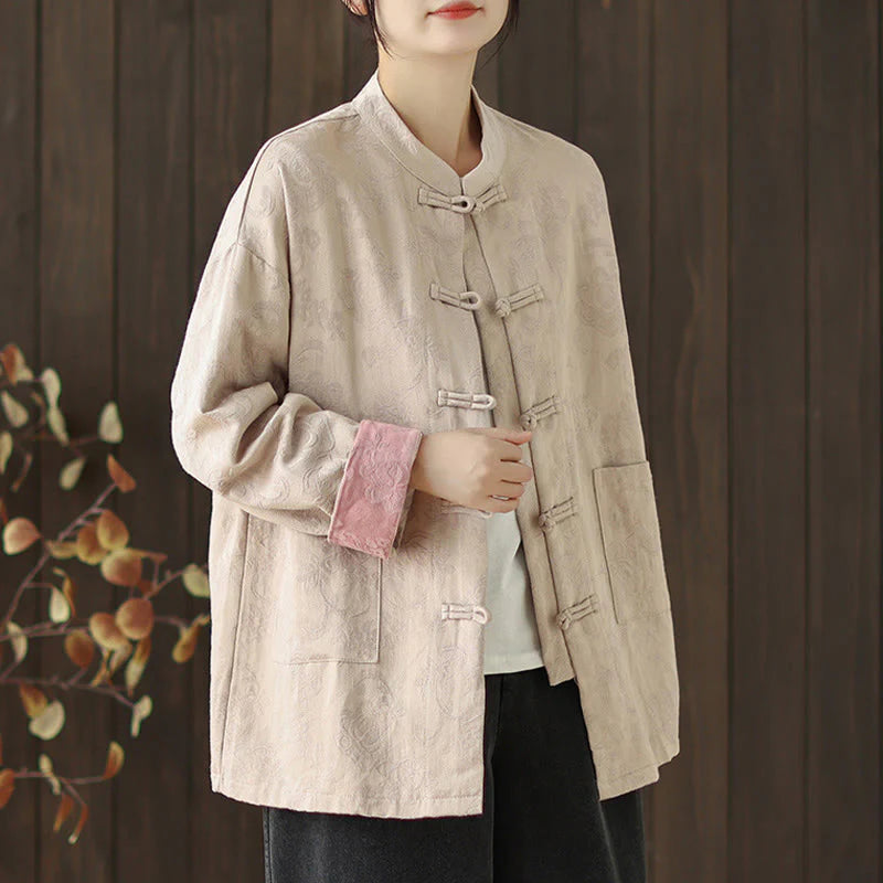 Buddha Stones Fall Floral Print Frog-Button Stand Collar Long Sleeve Women's Cotton Shirt