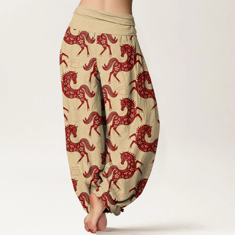Buddha Stones Cotton Gorgeous Horse Cloud Pattern Women's Elastic Waist Harem Pants