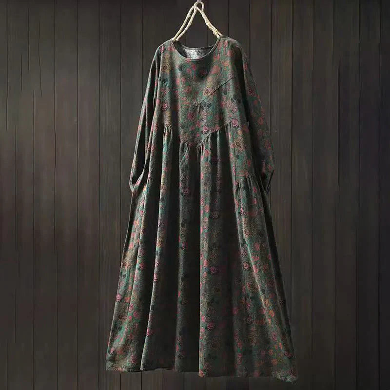 Buddha Stones Retro Floral Pattern A-line Design Long Sleeve Women's Cotton Maxi Dress
