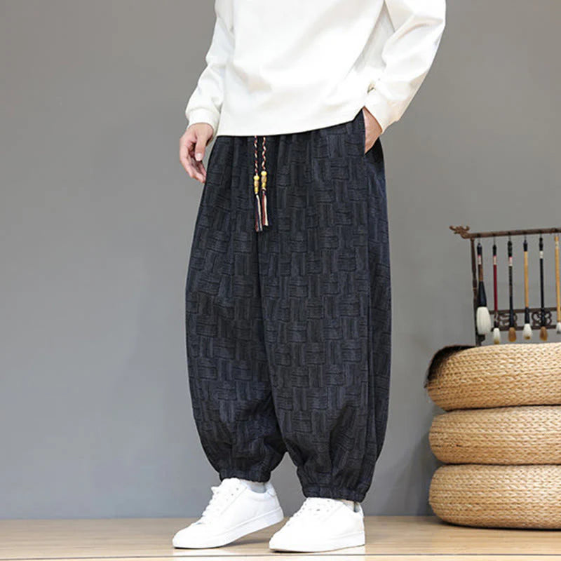 Buddha Stones Fall Jacquard Plaid Pattern Cotton Corduroy Men's Harem Pants With Pockets