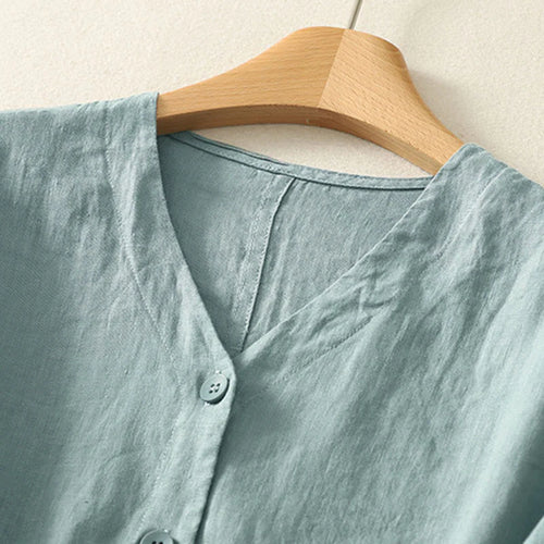 Buddha Stones Summer Solid Color V-Neck Buttons Simple Design Women's Short Sleeve Shirt