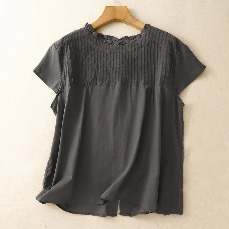Buddha Stones Summer Pure Color Ruffled Pleated Design Women's Cotton Short Sleeve Shirt