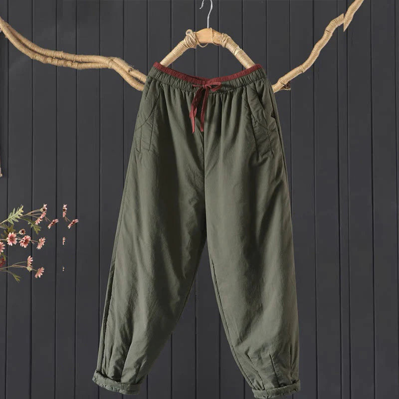Buddha Stones Plain Color Blocking Cotton Polyester Thick Women's Pants With Pockets