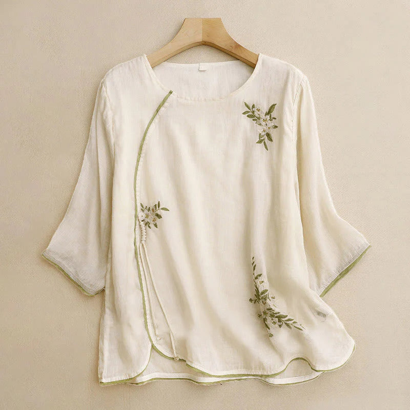 Buddha Stones Beige Floral Green Leaf Embroidery Crew Neck Three Quarter Sleeve Women's Cotton Shirt