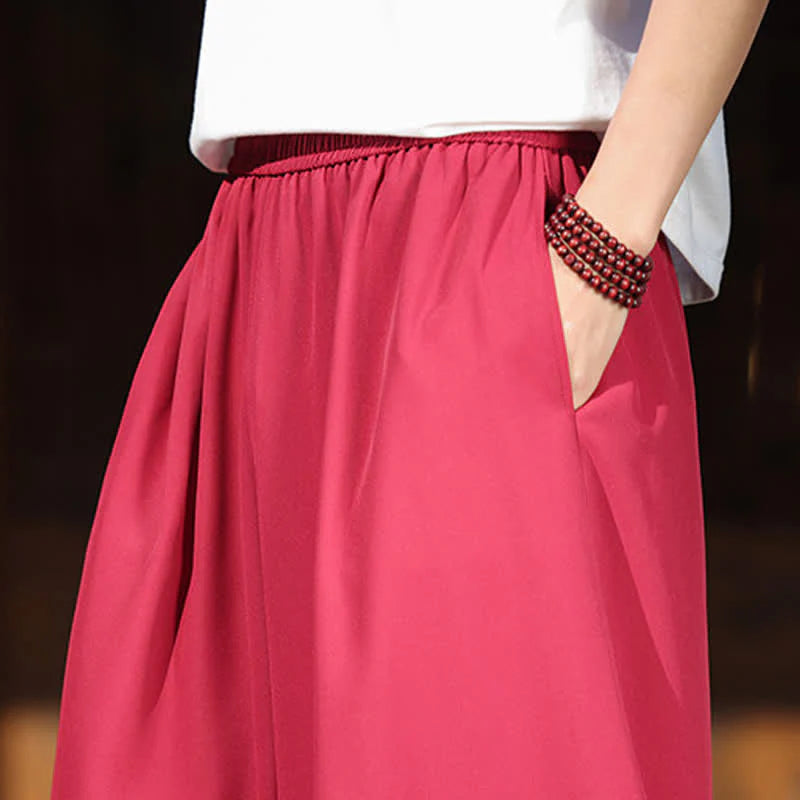 Buddha Stones Summer Cotton Embroidered Hem Elastic Waist Men's Cropped Wide Leg Pants With Pockets
