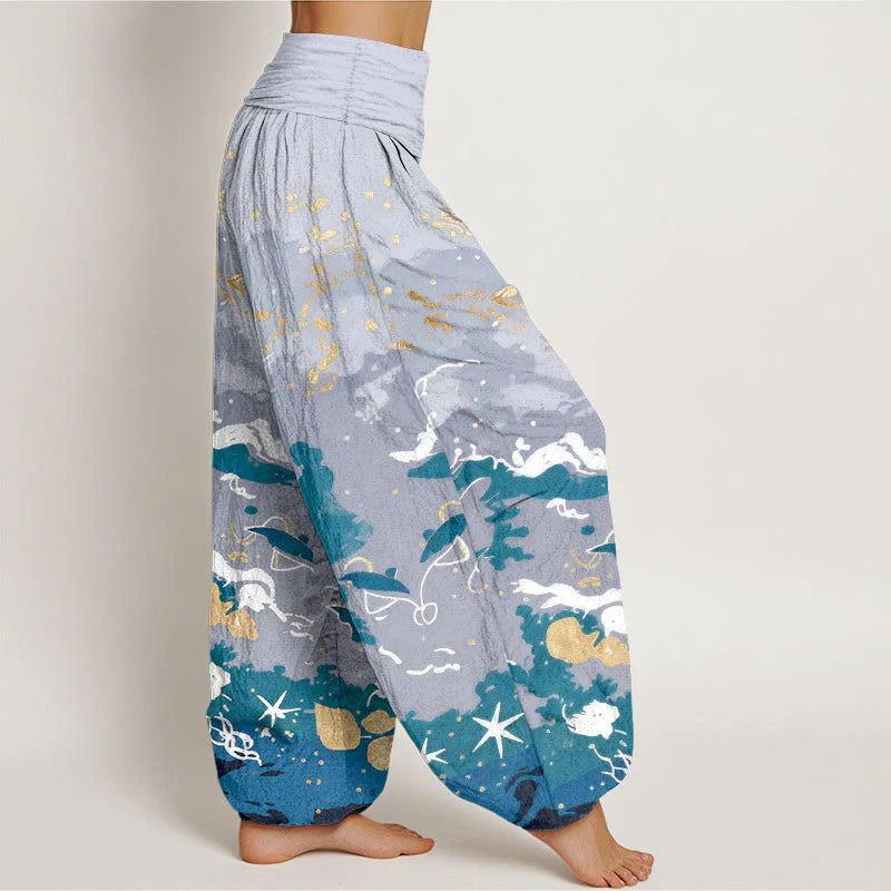Buddha Stones Cotton Waves Sky Pattern Women's Elastic Waist Harem Pants