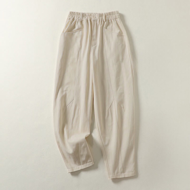 Buddha Stones Fall Simple Lines Button Zipper Design Ankle-Length Cotton Women's Harem Pants With Pockets