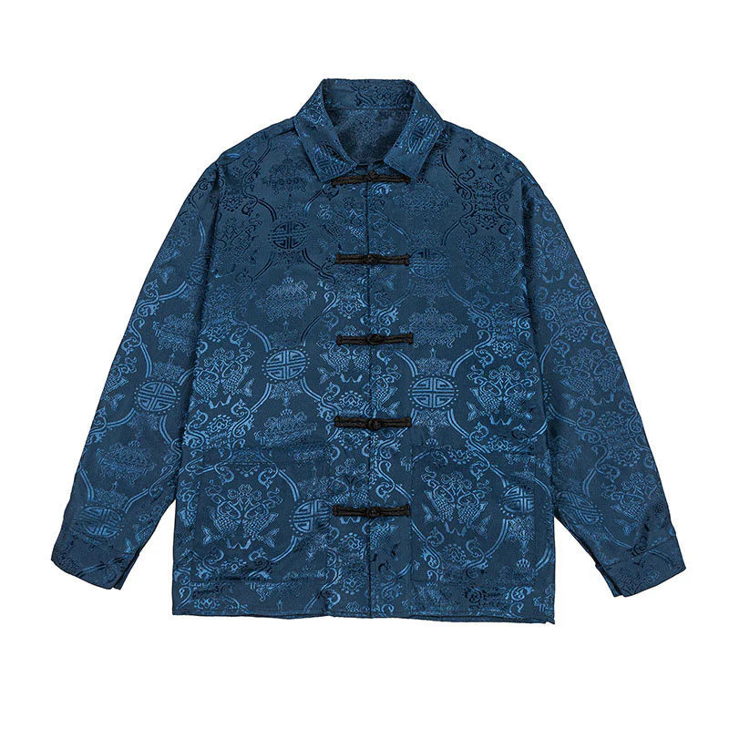 Buddha Stones Spring Jacquard Lapel Long Sleeve Men's Tang Suit Frog-Button Jacket With Pockets