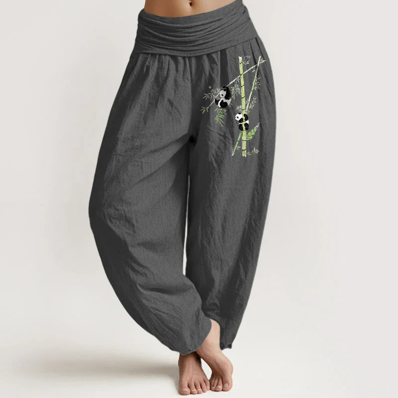 Buddha Stones Pure Cotton Simple Style Panda Bamboo Pattern Women's Elastic Waist Harem Pants