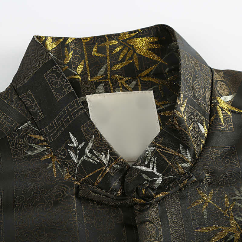 Buddha Stones Golden Bamboo Jacquard Frog-Button Long Sleeve Men's Jacket With Pockets