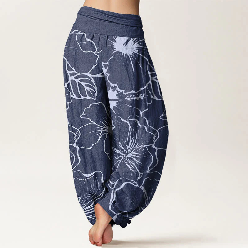 Buddha Stones Cotton Morning Glory Flowers Pattern Design Women's Elastic Waist Harem Pants