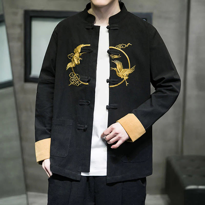 Buddha Stones Embroidery Cranes Pattern Frog-Button Men's Cotton Long Sleeve Jacket With Pockets