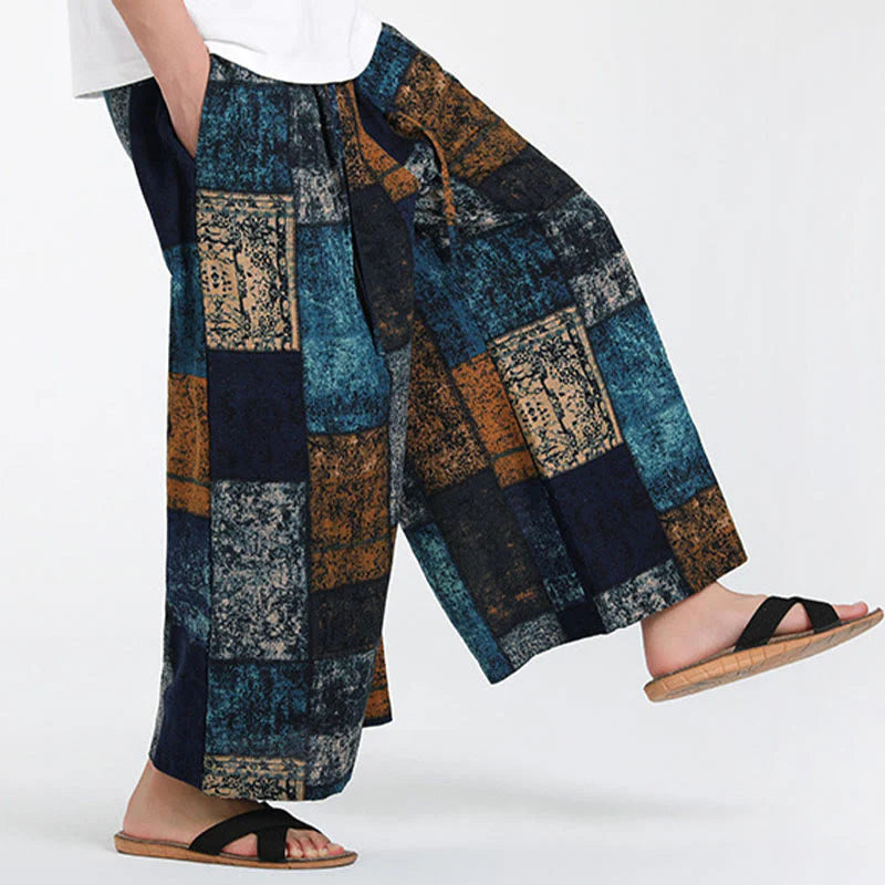 Buddha Stones Summer Patchwork Design 7-8 Length Men's Wide Leg Pants With Pockets