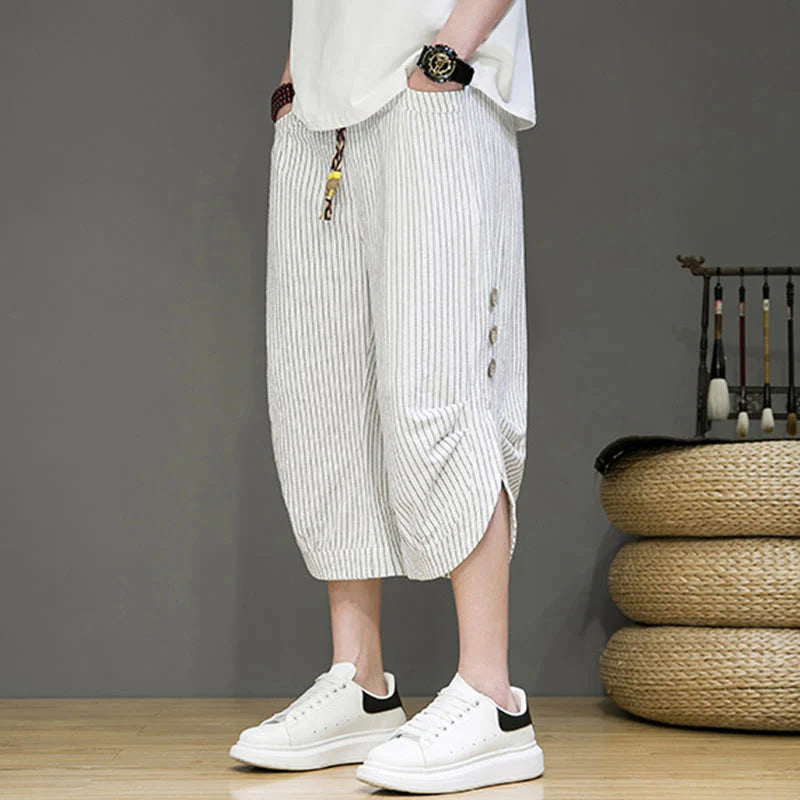 Buddha Stones Casual White Stripes Pattern Drawstring Button Design Men's Cotton Cropped Harem Pants With Pockets