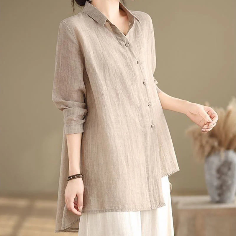 Buddha Stones Irregular Design Buttons Long Sleeve Women's Cotton Shirt