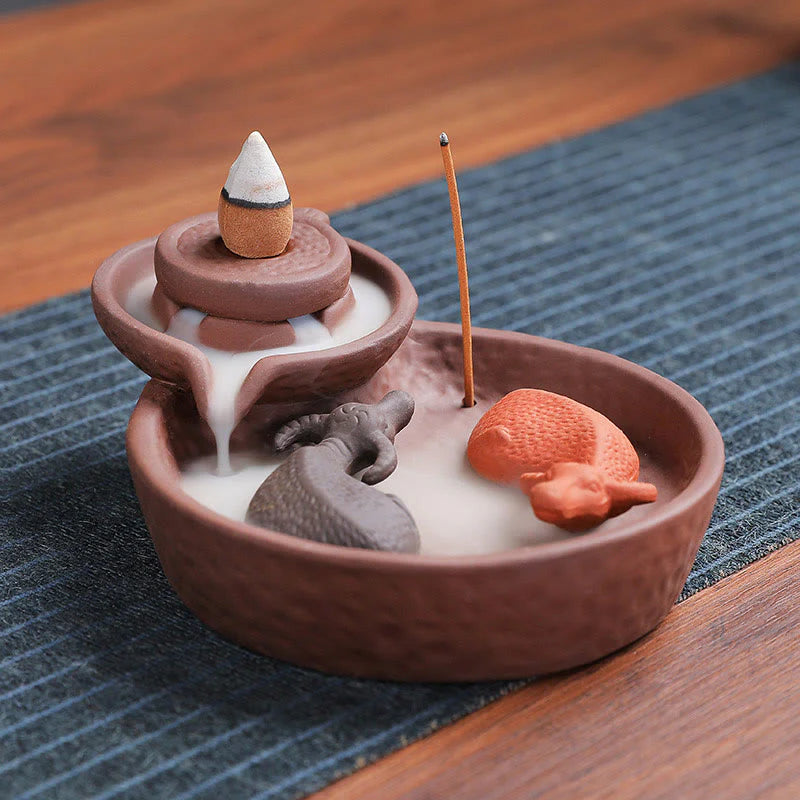Buddha Stones Koi Fish Ox Purple Clay Ceramic Incense Stick Holder Healing Incense Burner Decoration