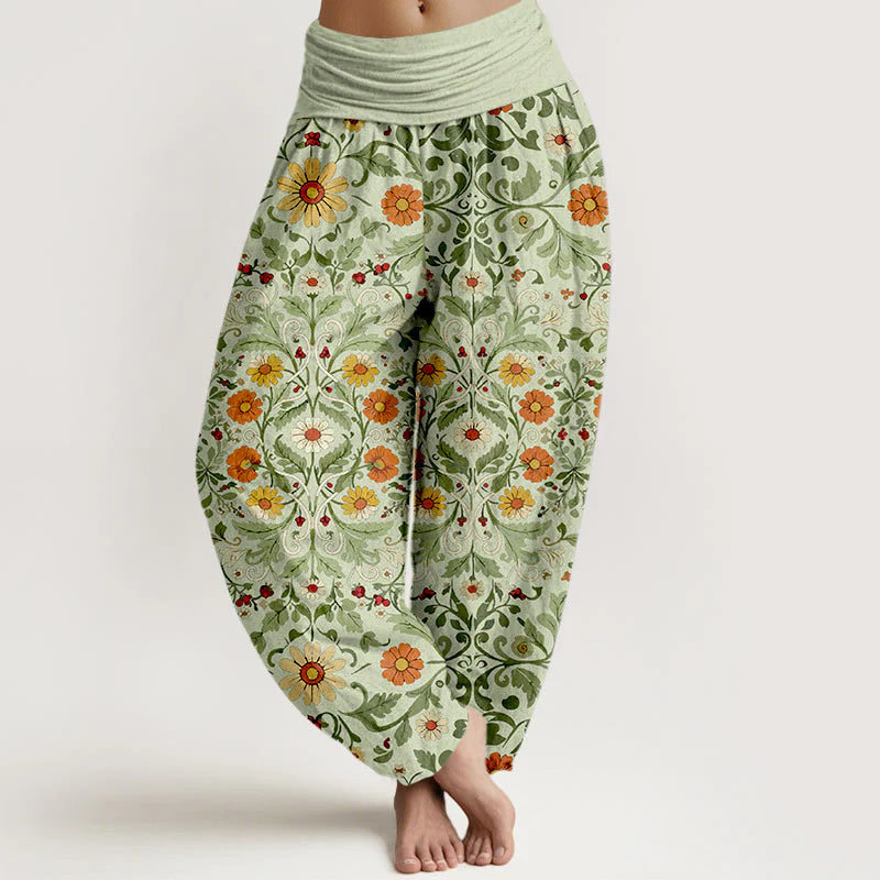 Buddha Stones Pure Cotton Colorful Flowers Vines Women's Elastic Waist Harem Pants