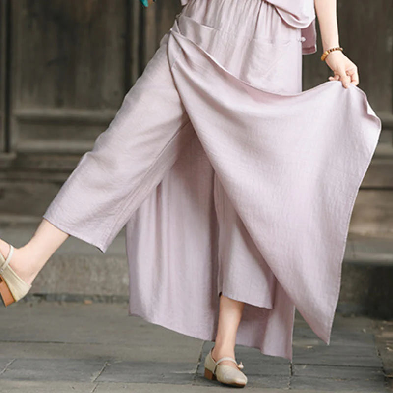 Buddha Stones Solid Color Hem Slit Design Women's Skirt Pants With Pockets