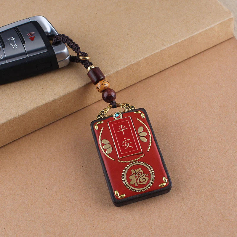 Buddha Stones Ebony Flower Koi Fish Fu Character Button Rope Key Chain