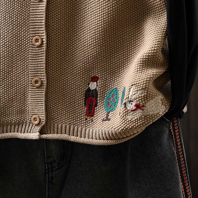 Buddha Stones Figure Rabbit Tree Embroidery Buttons Women's Sleeveless Cotton Knitted Vest Waistcoat