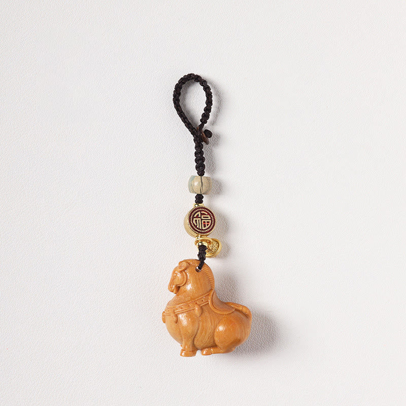 Buddha Stones Year Of The Horse Fu Character Small Leaf Red Sandalwood Various Sandalwood Balance Key Chain