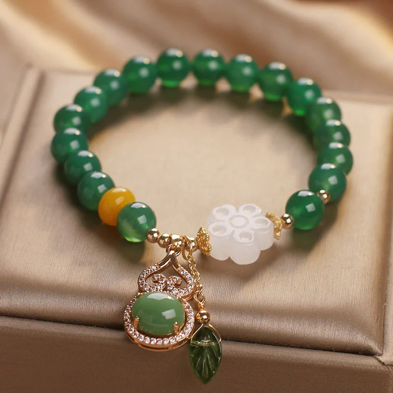 Buddha Stones Green Agate White Jade Flower Gourd Leaf Charm Support Bracelet