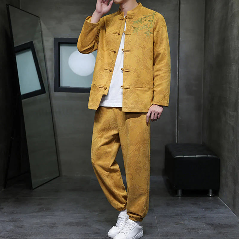 Buddha Stones 2Pcs Spring Dragon Bamboo Clouds Men's Tang Suit Frog-Button Cotton Long Sleeve Jacket Pants Set With Pockets