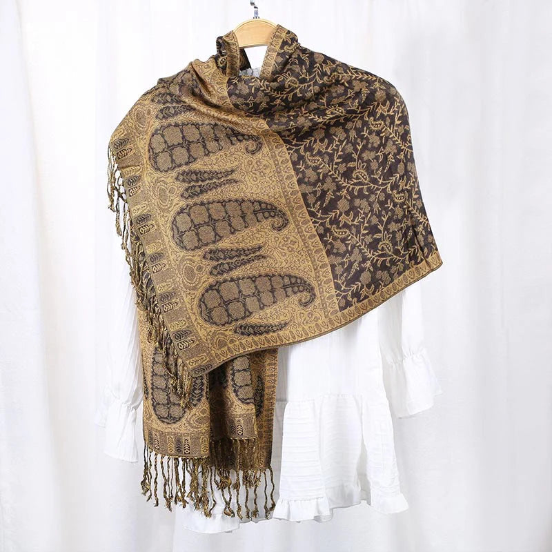 Buddha Stones Jacquard Color Contrast Patchwork Paisley Pattern Tassel Cozy Scarf Shawl