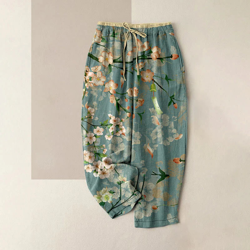 Buddha Stones Cotton Casual Peach Blossoms Flying Geese Pattern Women's Elastic Waist Pants With Pockets