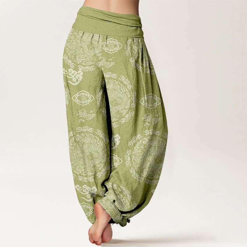 Buddha Stones Cotton Light Color Dragon Cloud Pattern Women's Elastic Waist Harem Pants