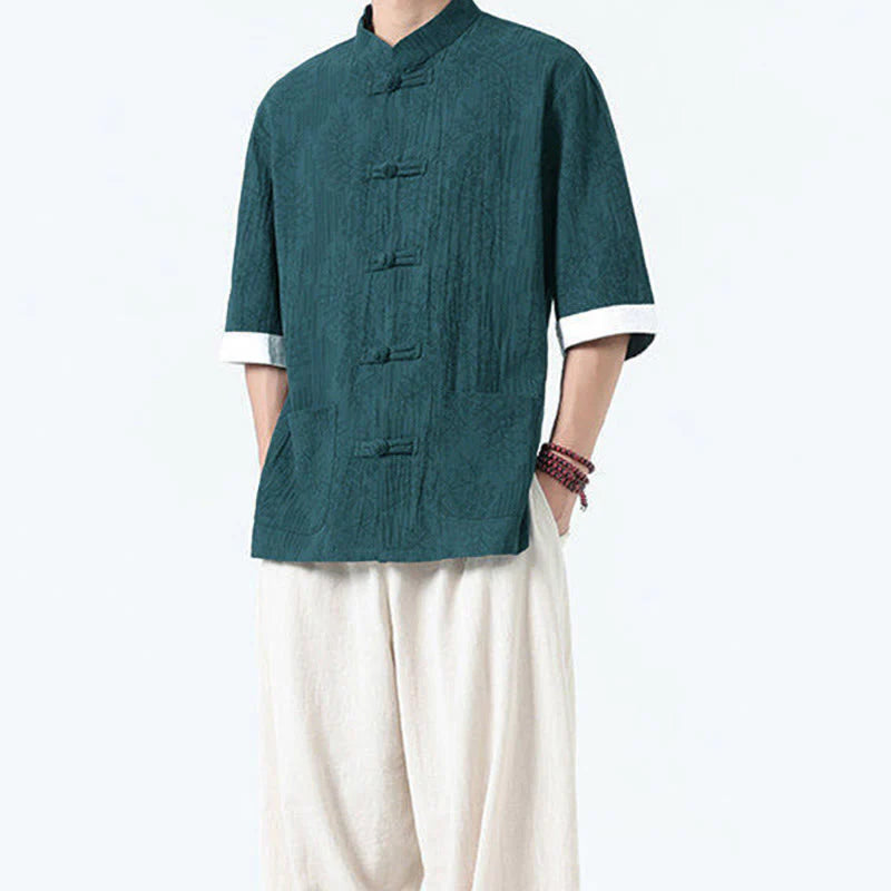 Buddha Stones Summer Flowers Grass Pattern Tang Suit Men's Frog-Button Half Sleeve Cotton Shirt With Pockets