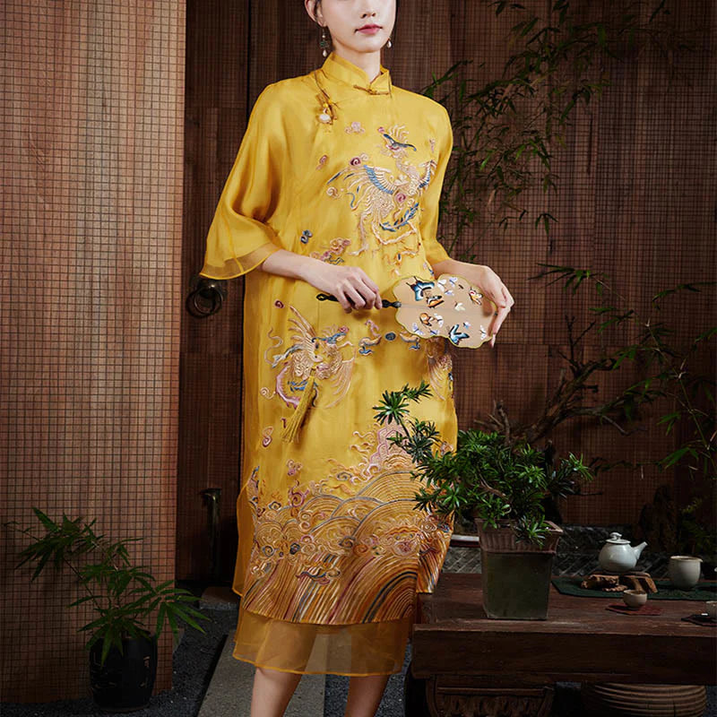 Buddha Stones 100% Mulberry Silk Organza Dress Embroidered Yellow Phoenix Qipao Cheongsam Dress  (Extra 30% Off | USE CODE: FS30)