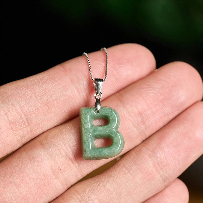 Buddha Stones Natural A-Z Letter Jade 925 Sterling Silver Silm Chain Prosperity Necklace Pendant