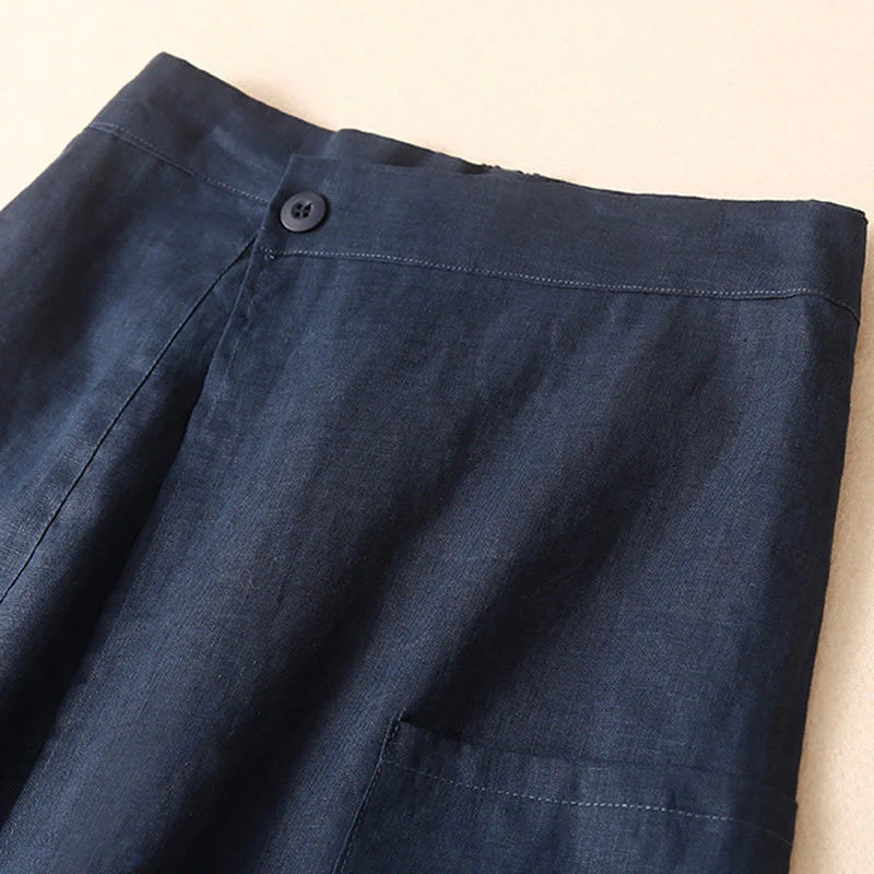Buddha Stones Vintage Summer Asymmetrical High Waist Women's Cotton Linen Skirt With Pockets