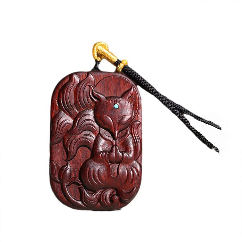 Buddha Stones Small Leaf Red Sandalwood Nine Tailed Fox Pattern Longevity Necklace Pendant (Extra 35% Off | USE CODE: FS35)
