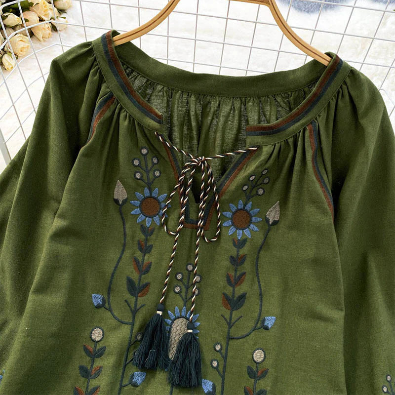 Buddha Stones Casual Embroidery Flower Leaf Pattern Women's Cotton Linen Round Neck T-shirt